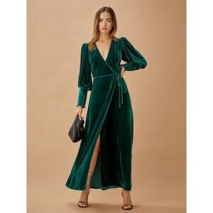 Reformation Mandi Dress Emerald Green Long Sleeve Velvet Wrap Maxi Holiday Sz S